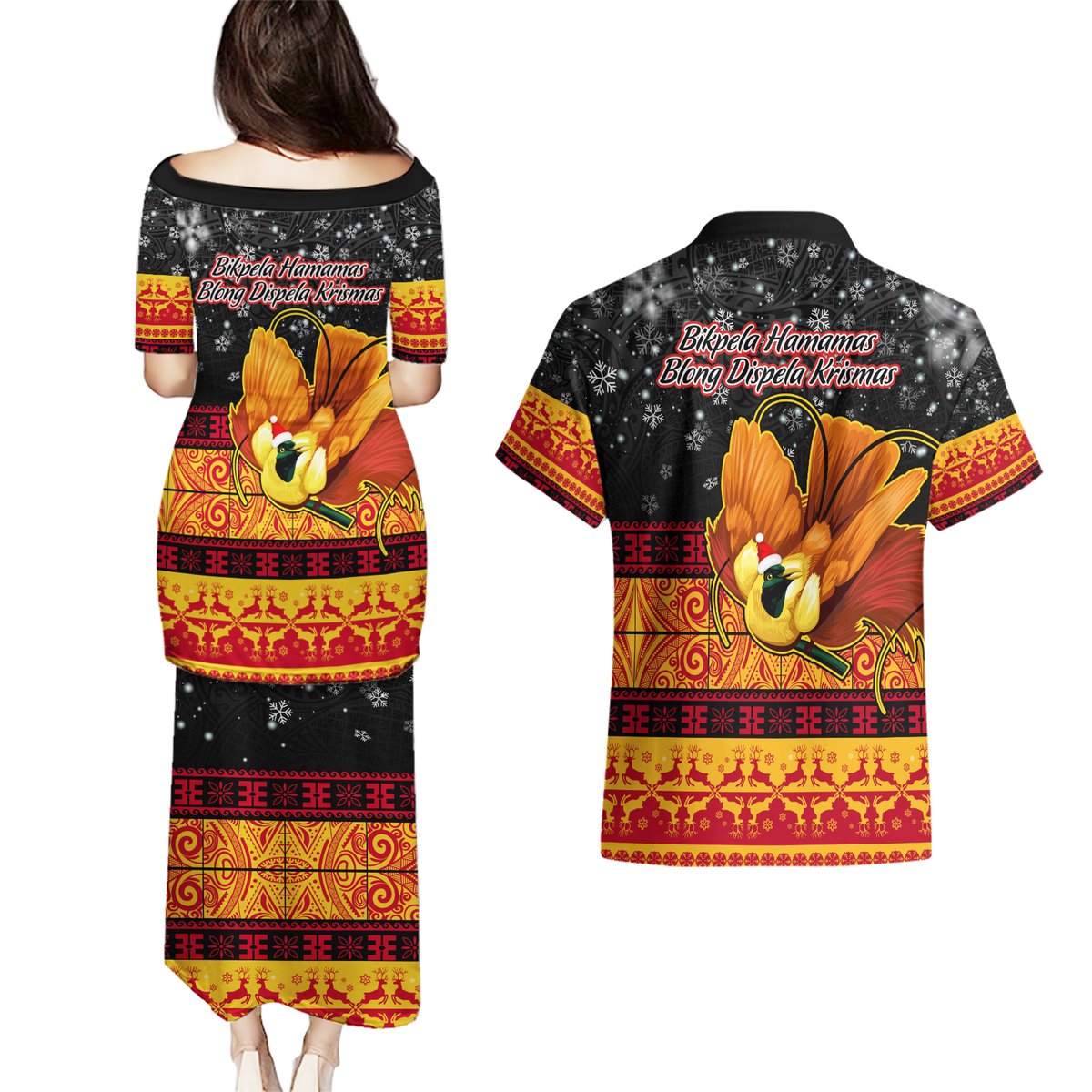 PNG Hamamas Krismas Couples Matching Puletasi Dress and Hawaiian Shirt Papua New Guinea Bird Of Paradise Merry Christmas Black Style LT9 - Polynesian Pride