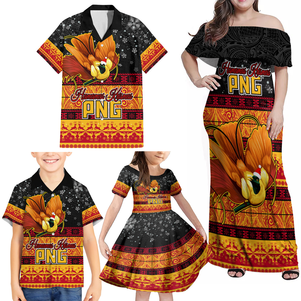 PNG Hamamas Krismas Family Matching Off Shoulder Maxi Dress and Hawaiian Shirt Papua New Guinea Bird Of Paradise Merry Christmas Black Style LT9 - Polynesian Pride