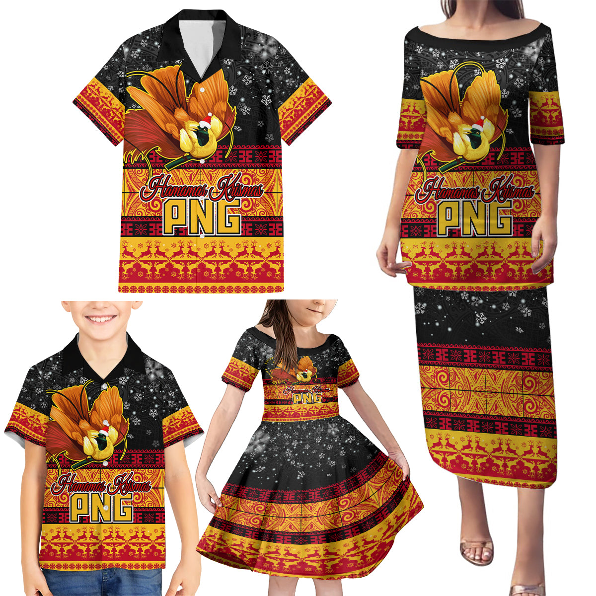 PNG Hamamas Krismas Family Matching Puletasi Dress and Hawaiian Shirt Papua New Guinea Bird Of Paradise Merry Christmas Black Style LT9 - Polynesian Pride