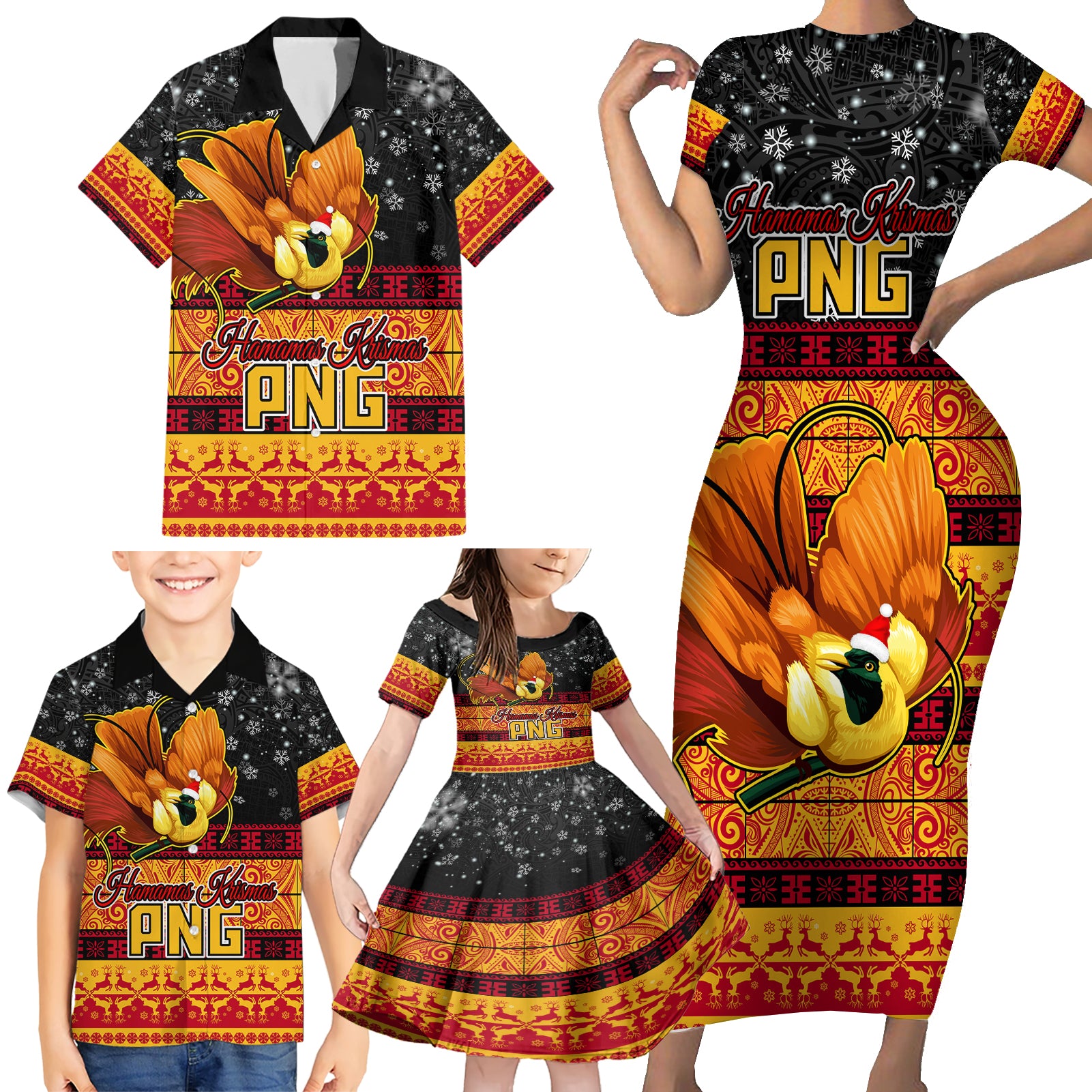 PNG Hamamas Krismas Family Matching Short Sleeve Bodycon Dress and Hawaiian Shirt Papua New Guinea Bird Of Paradise Merry Christmas Black Style LT9 - Polynesian Pride