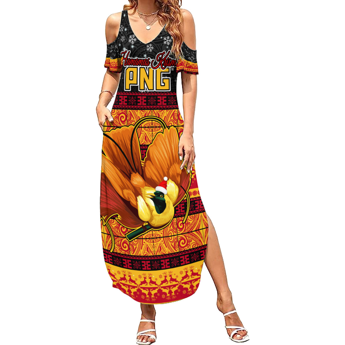 PNG Hamamas Krismas Family Matching Summer Maxi Dress and Hawaiian Shirt Papua New Guinea Bird Of Paradise Merry Christmas Black Style LT9 Mom's Dress Black - Polynesian Pride