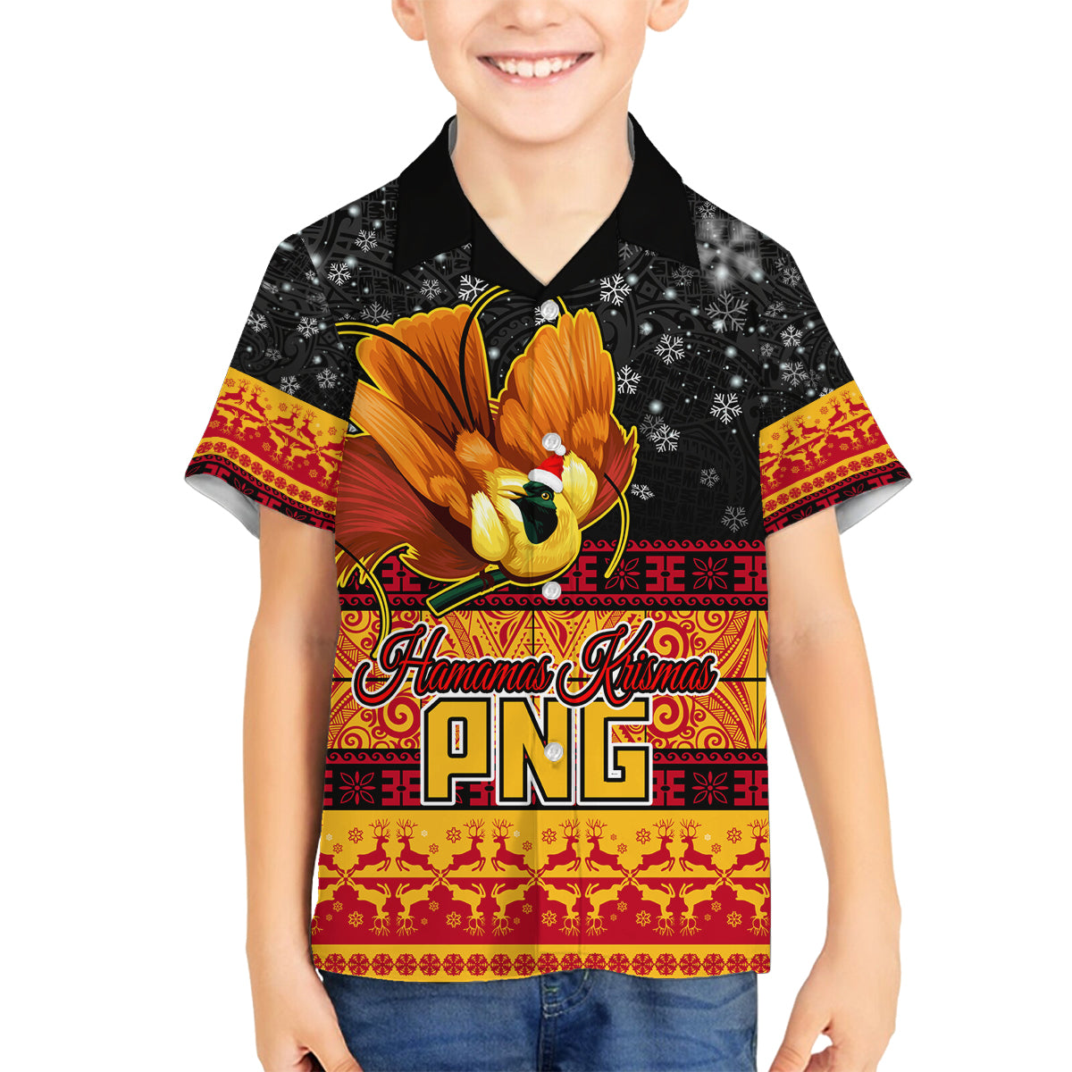 PNG Hamamas Krismas Family Matching Summer Maxi Dress and Hawaiian Shirt Papua New Guinea Bird Of Paradise Merry Christmas Black Style LT9 Son's Shirt Black - Polynesian Pride