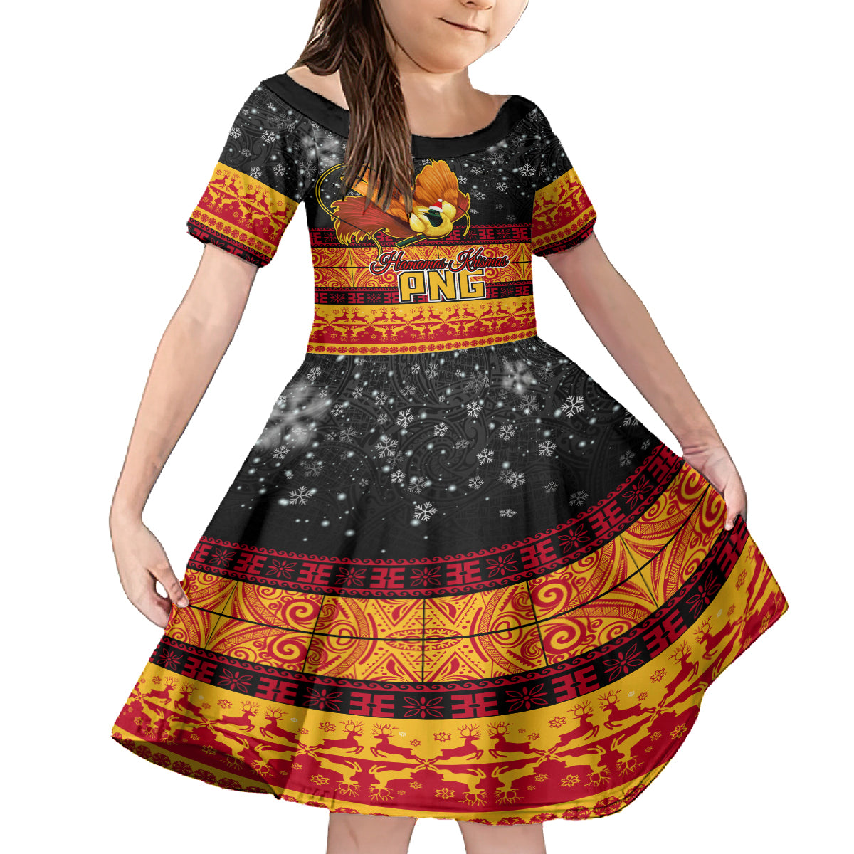 PNG Hamamas Krismas Family Matching Tank Maxi Dress and Hawaiian Shirt Papua New Guinea Bird Of Paradise Merry Christmas Black Style LT9 Daughter's Dress Black - Polynesian Pride