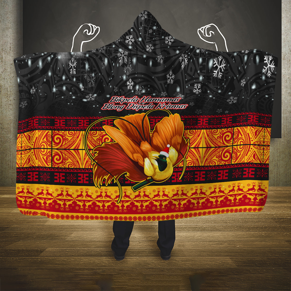 PNG Hamamas Krismas Hooded Blanket Papua New Guinea Bird Of Paradise Merry Christmas Black Style LT9 One Size Black - Polynesian Pride