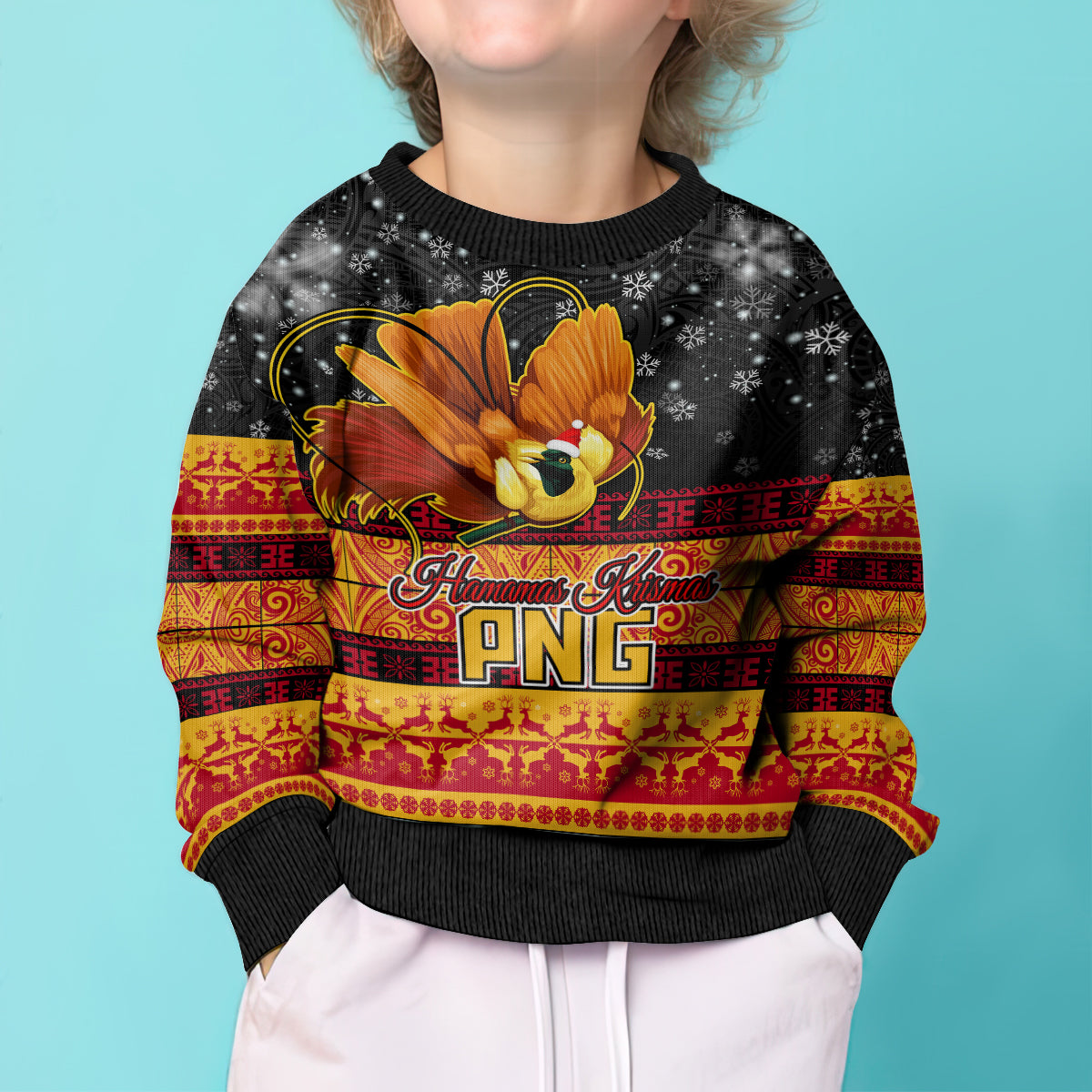 PNG Hamamas Krismas Kid Ugly Christmas Sweater Papua New Guinea Bird Of Paradise Merry Christmas Black Style LT9 - Polynesian Pride