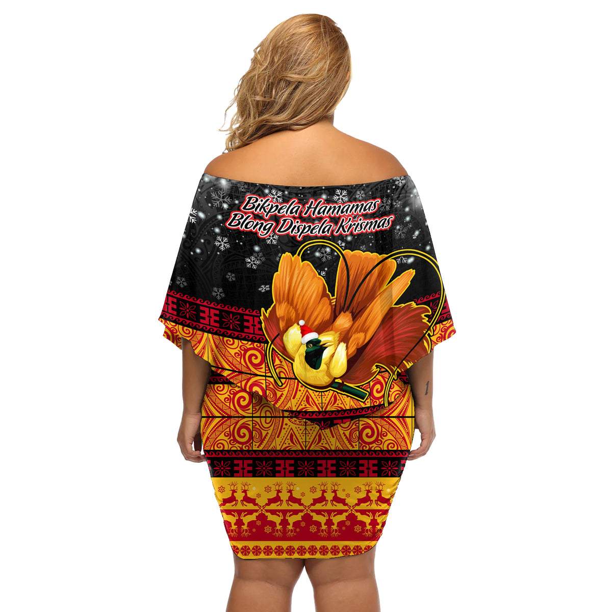 PNG Hamamas Krismas Off Shoulder Short Dress Papua New Guinea Bird Of Paradise Merry Christmas Black Style LT9 - Polynesian Pride