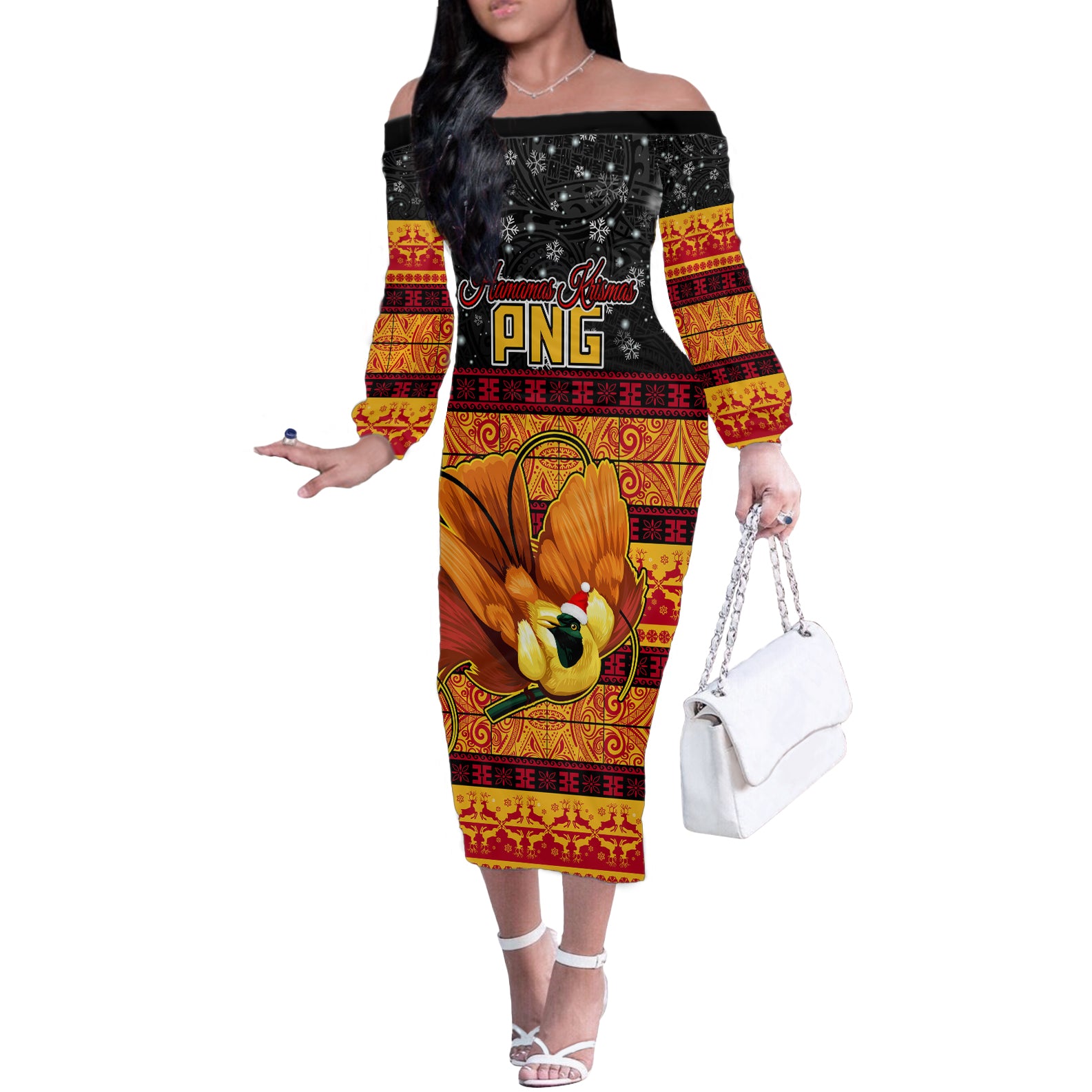 PNG Hamamas Krismas Off The Shoulder Long Sleeve Dress Papua New Guinea Bird Of Paradise Merry Christmas Black Style LT9 Women Black - Polynesian Pride