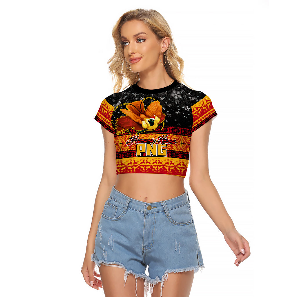 PNG Hamamas Krismas Raglan Cropped T Shirt Papua New Guinea Bird Of Paradise Merry Christmas Black Style LT9 Female Black - Polynesian Pride