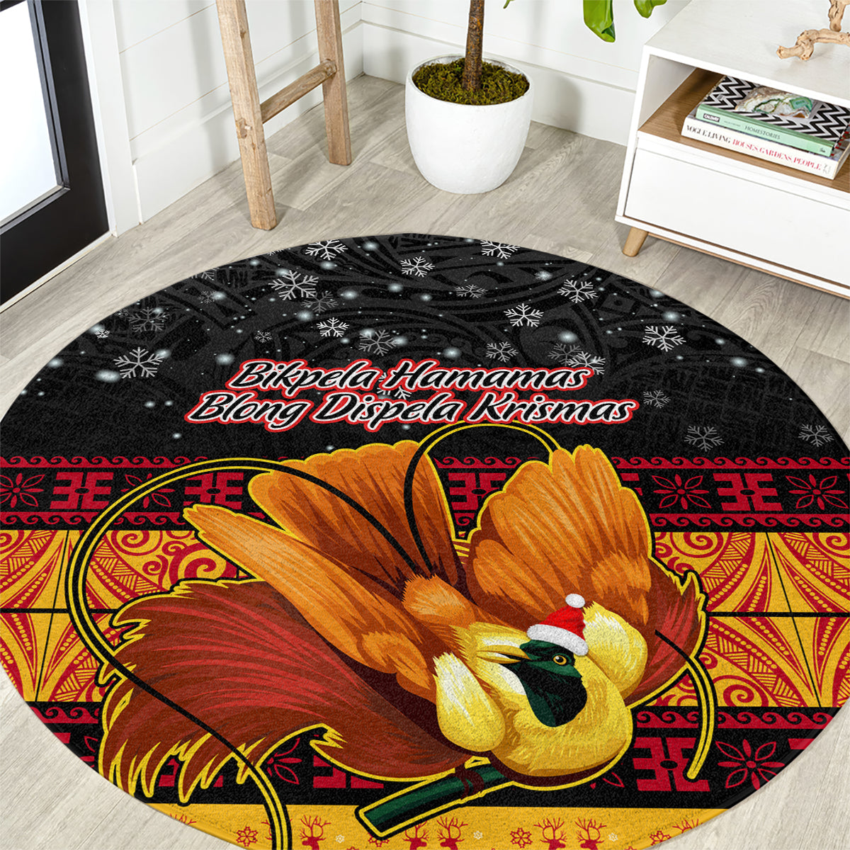 PNG Hamamas Krismas Round Carpet Papua New Guinea Bird Of Paradise Merry Christmas Black Style LT9 Black - Polynesian Pride