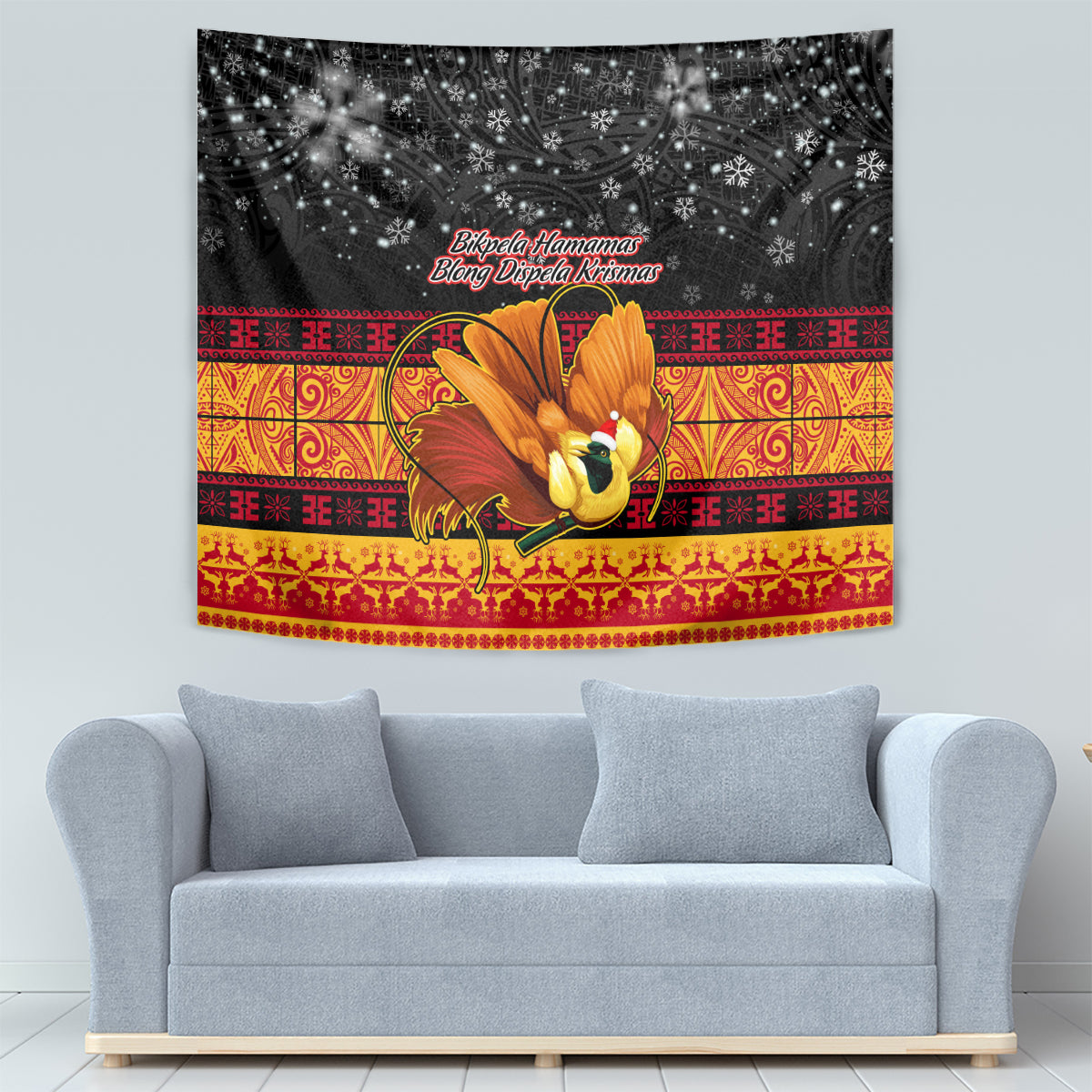 PNG Hamamas Krismas Tapestry Papua New Guinea Bird Of Paradise Merry Christmas Black Style LT9 - Polynesian Pride