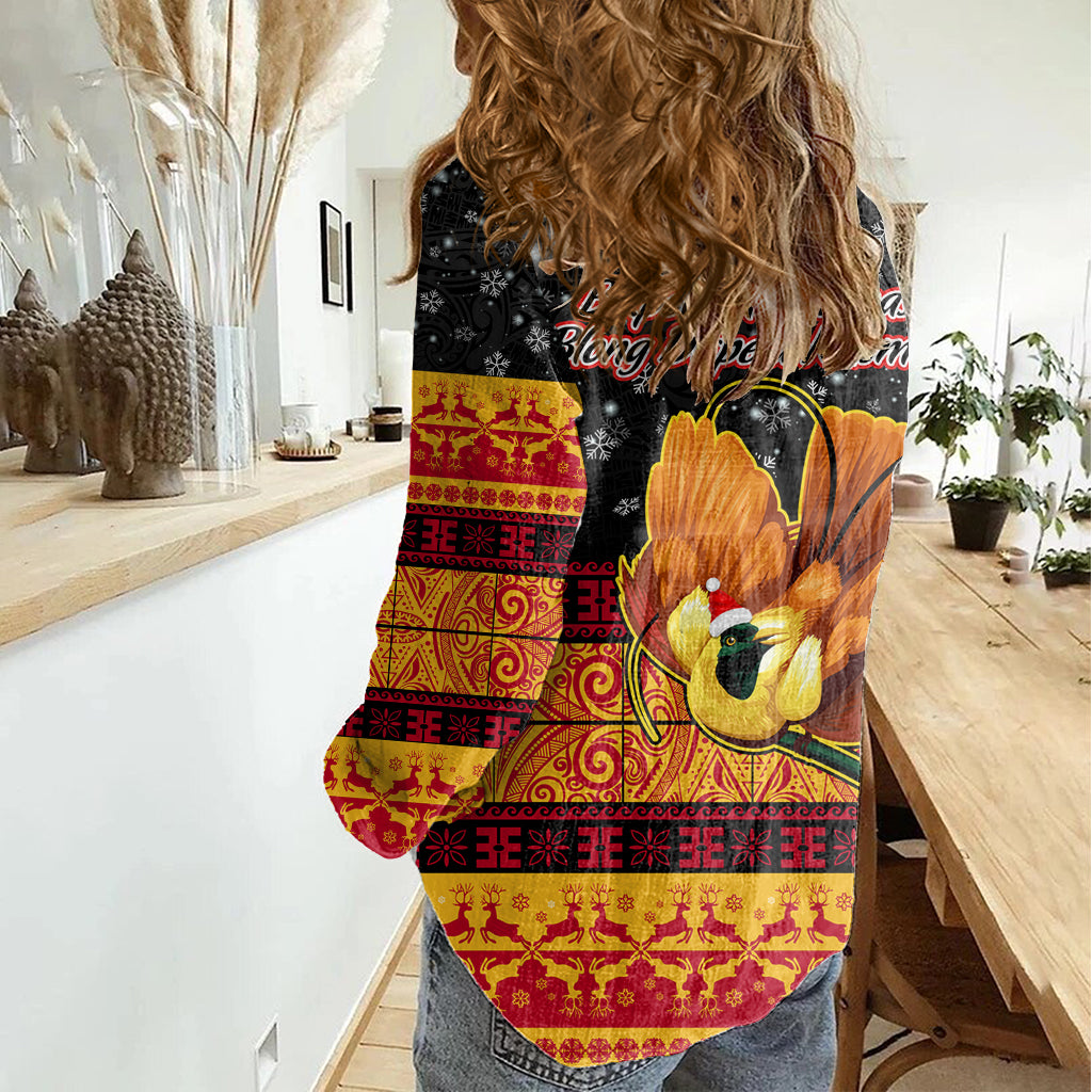 PNG Hamamas Krismas Women Casual Shirt Papua New Guinea Bird Of Paradise Merry Christmas Black Style LT9 - Polynesian Pride