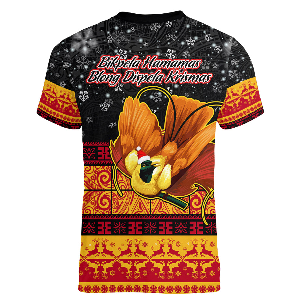 PNG Hamamas Krismas Women V Neck T Shirt Papua New Guinea Bird Of Paradise Merry Christmas Black Style LT9 - Polynesian Pride