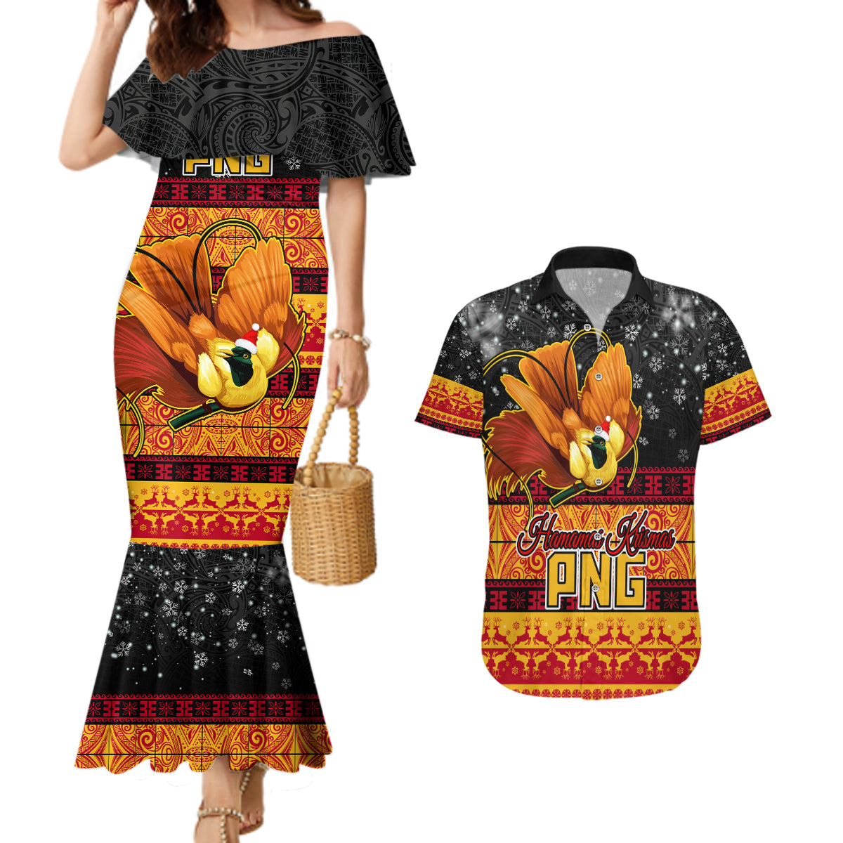 Personalised PNG Hamamas Krismas Couples Matching Mermaid Dress and Hawaiian Shirt Papua New Guinea Bird Of Paradise Merry Christmas Black Style LT9 Black - Polynesian Pride