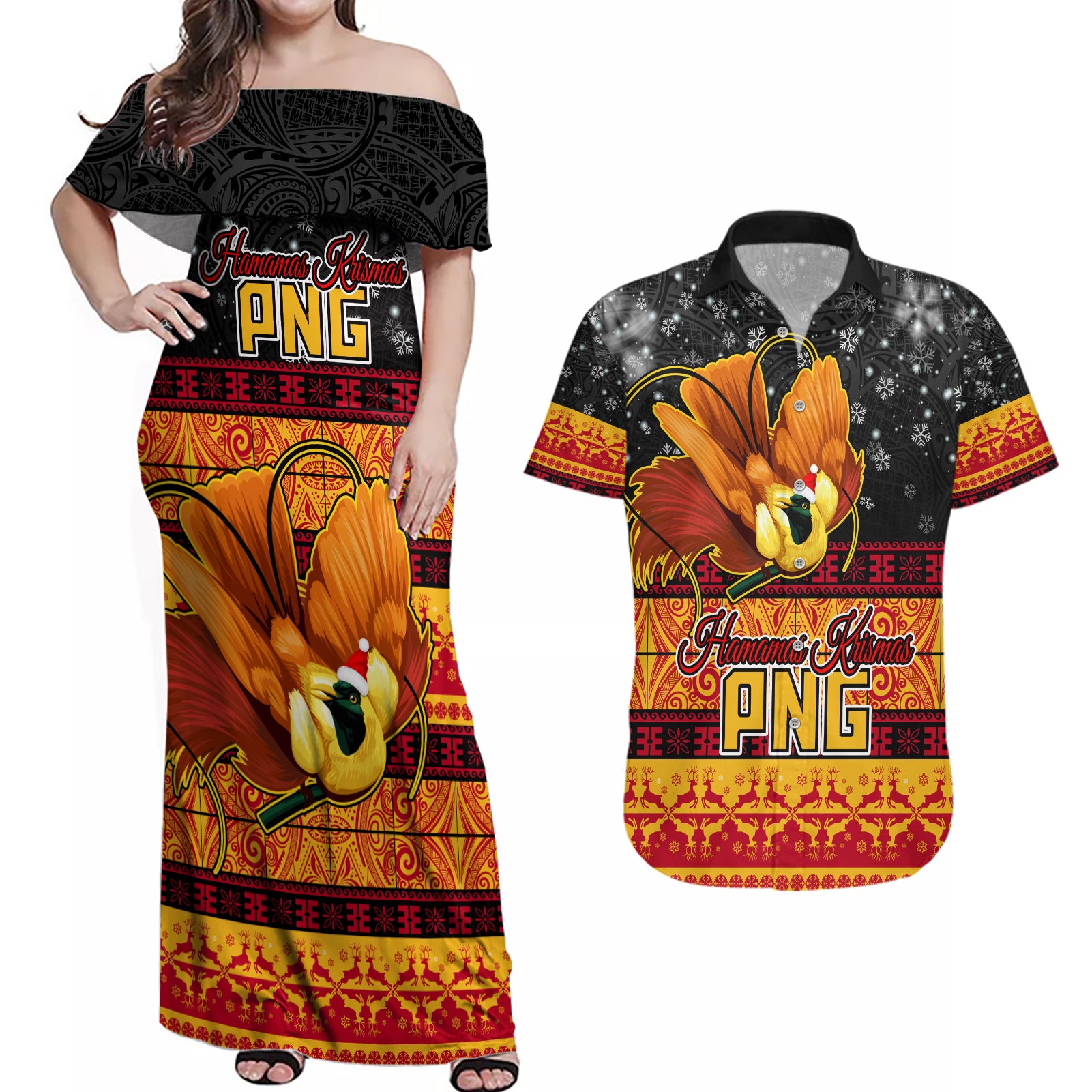 Personalised PNG Hamamas Krismas Couples Matching Off Shoulder Maxi Dress and Hawaiian Shirt Papua New Guinea Bird Of Paradise Merry Christmas Black Style LT9 Black - Polynesian Pride