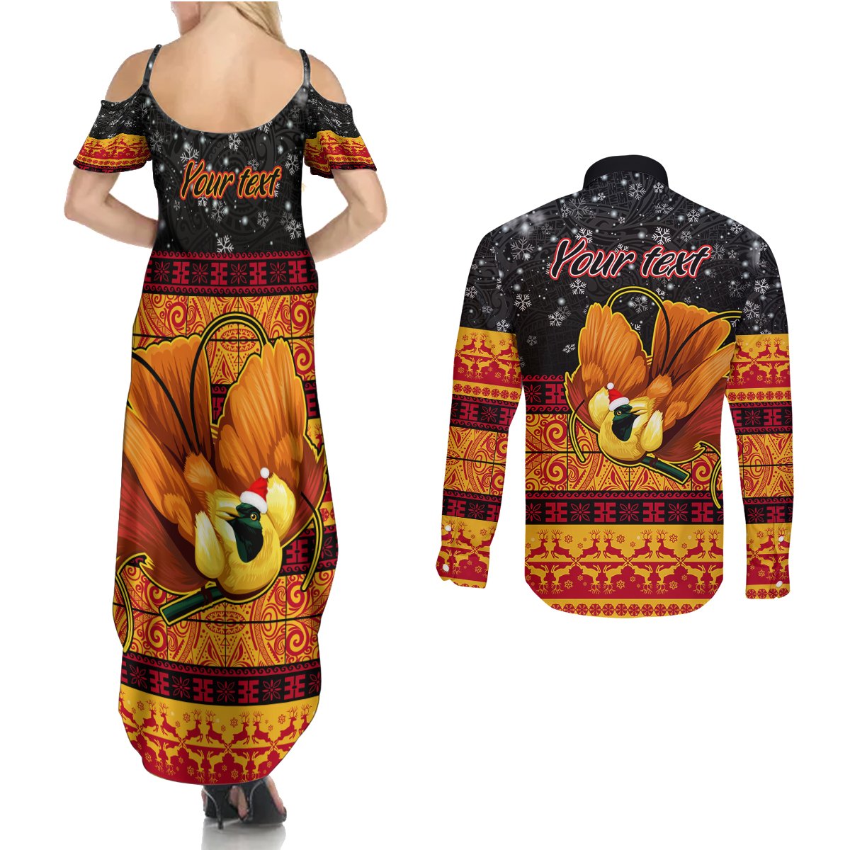 Personalised PNG Hamamas Krismas Couples Matching Summer Maxi Dress and Long Sleeve Button Shirt Papua New Guinea Bird Of Paradise Merry Christmas Black Style LT9 - Polynesian Pride