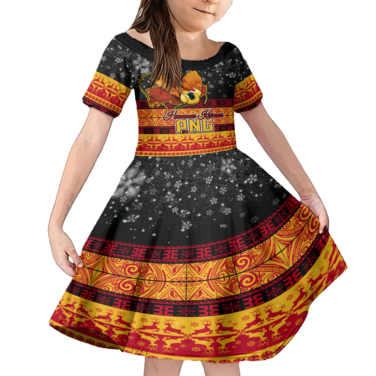 Personalised PNG Hamamas Krismas Family Matching Short Sleeve Bodycon Dress and Hawaiian Shirt Papua New Guinea Bird Of Paradise Merry Christmas Black Style LT9 Daughter's Dress Black - Polynesian Pride