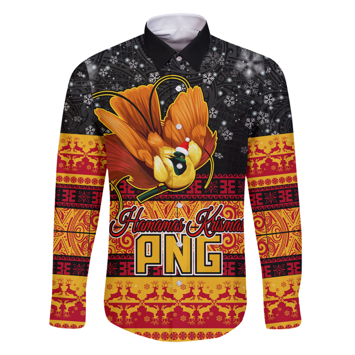 Personalised PNG Hamamas Krismas Family Matching Short Sleeve Bodycon Dress and Hawaiian Shirt Papua New Guinea Bird Of Paradise Merry Christmas Black Style LT9 Dad's Shirt - Long Sleeve Black - Polynesian Pride