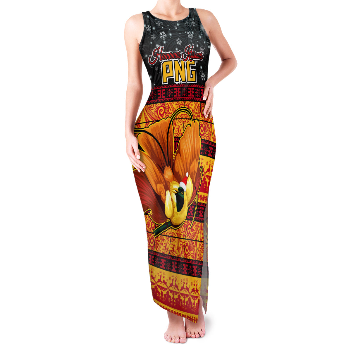 Personalised PNG Hamamas Krismas Family Matching Tank Maxi Dress and Hawaiian Shirt Papua New Guinea Bird Of Paradise Merry Christmas Black Style LT9 Mom's Dress Black - Polynesian Pride