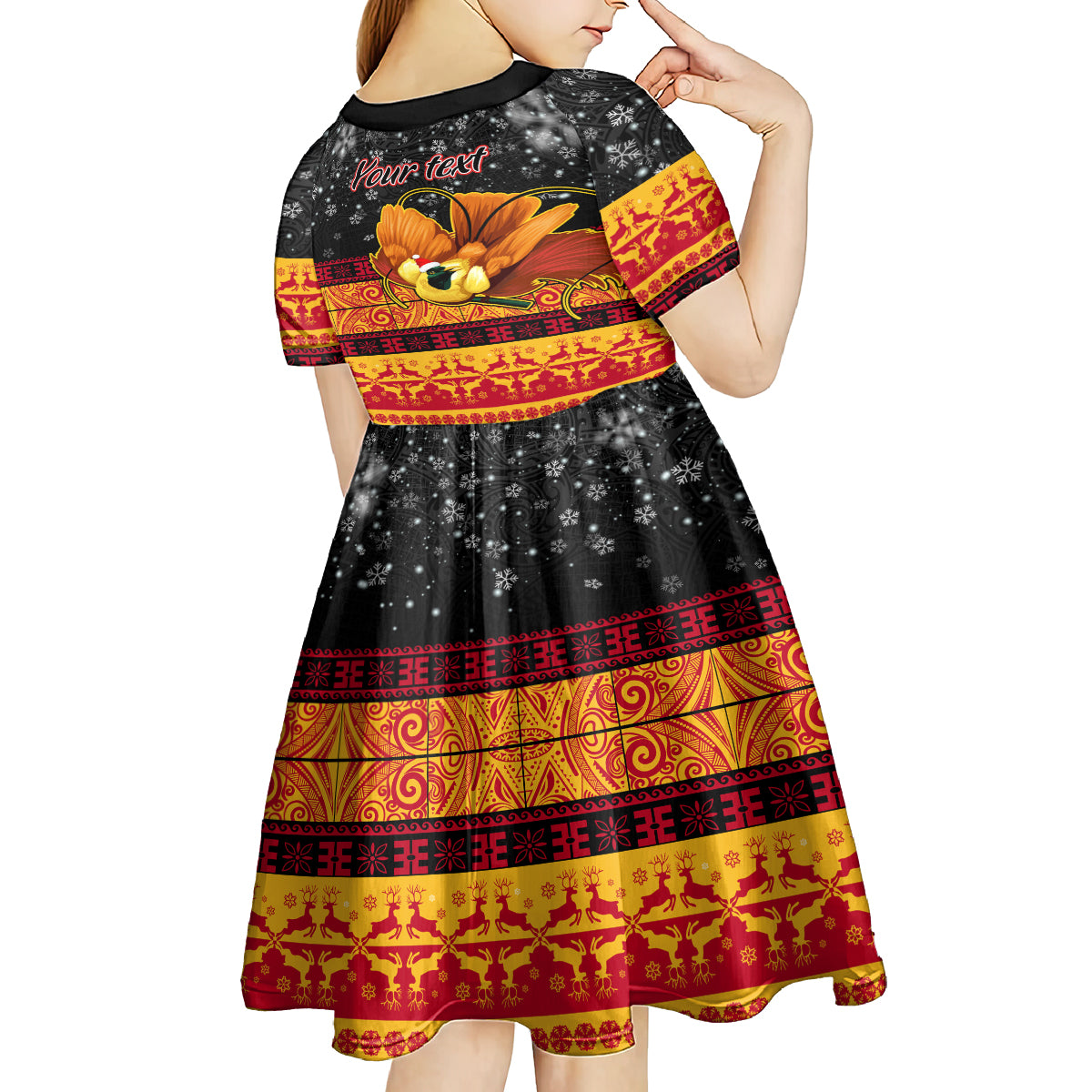 Personalised PNG Hamamas Krismas Kid Short Sleeve Dress Papua New Guinea Bird Of Paradise Merry Christmas Black Style LT9 - Polynesian Pride
