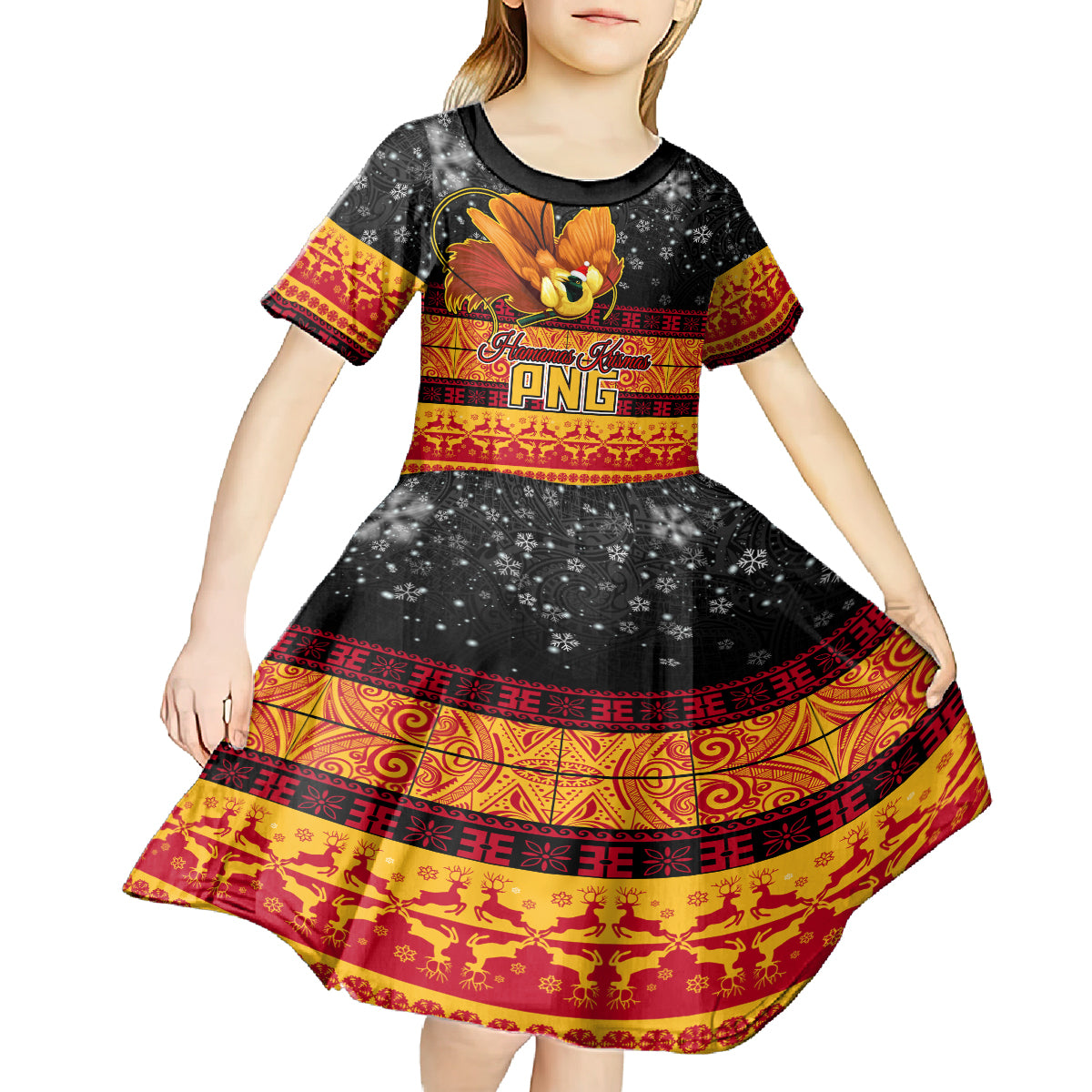 Personalised PNG Hamamas Krismas Kid Short Sleeve Dress Papua New Guinea Bird Of Paradise Merry Christmas Black Style LT9 - Polynesian Pride