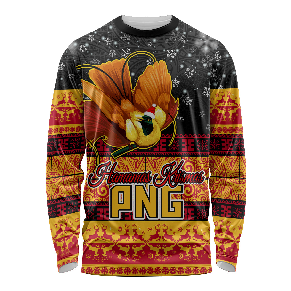 Personalised PNG Hamamas Krismas Long Sleeve Shirt Papua New Guinea Bird Of Paradise Merry Christmas Black Style LT9 Unisex Black - Polynesian Pride