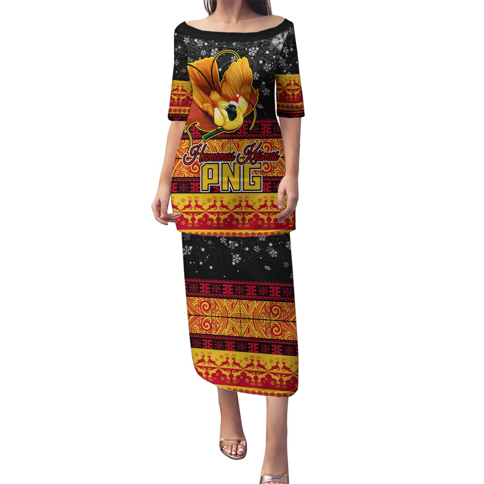 Personalised PNG Hamamas Krismas Puletasi Papua New Guinea Bird Of Paradise Merry Christmas Black Style LT9 Long Dress Black - Polynesian Pride