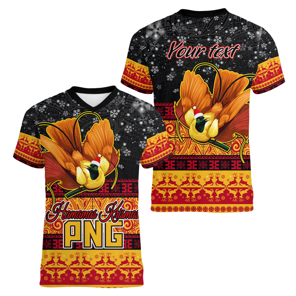 Personalised PNG Hamamas Krismas Women V Neck T Shirt Papua New Guinea Bird Of Paradise Merry Christmas Black Style LT9 - Polynesian Pride