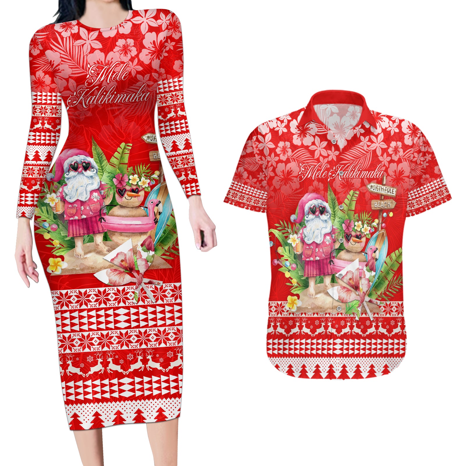 Personalised Hawaii Mele Kalikimaka Couples Matching Long Sleeve Bodycon Dress and Hawaiian Shirt Santa Beach Merry Christmas LT9 Red - Polynesian Pride