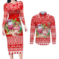 Personalised Hawaii Mele Kalikimaka Couples Matching Long Sleeve Bodycon Dress and Long Sleeve Button Shirt Santa Beach Merry Christmas LT9 Red - Polynesian Pride