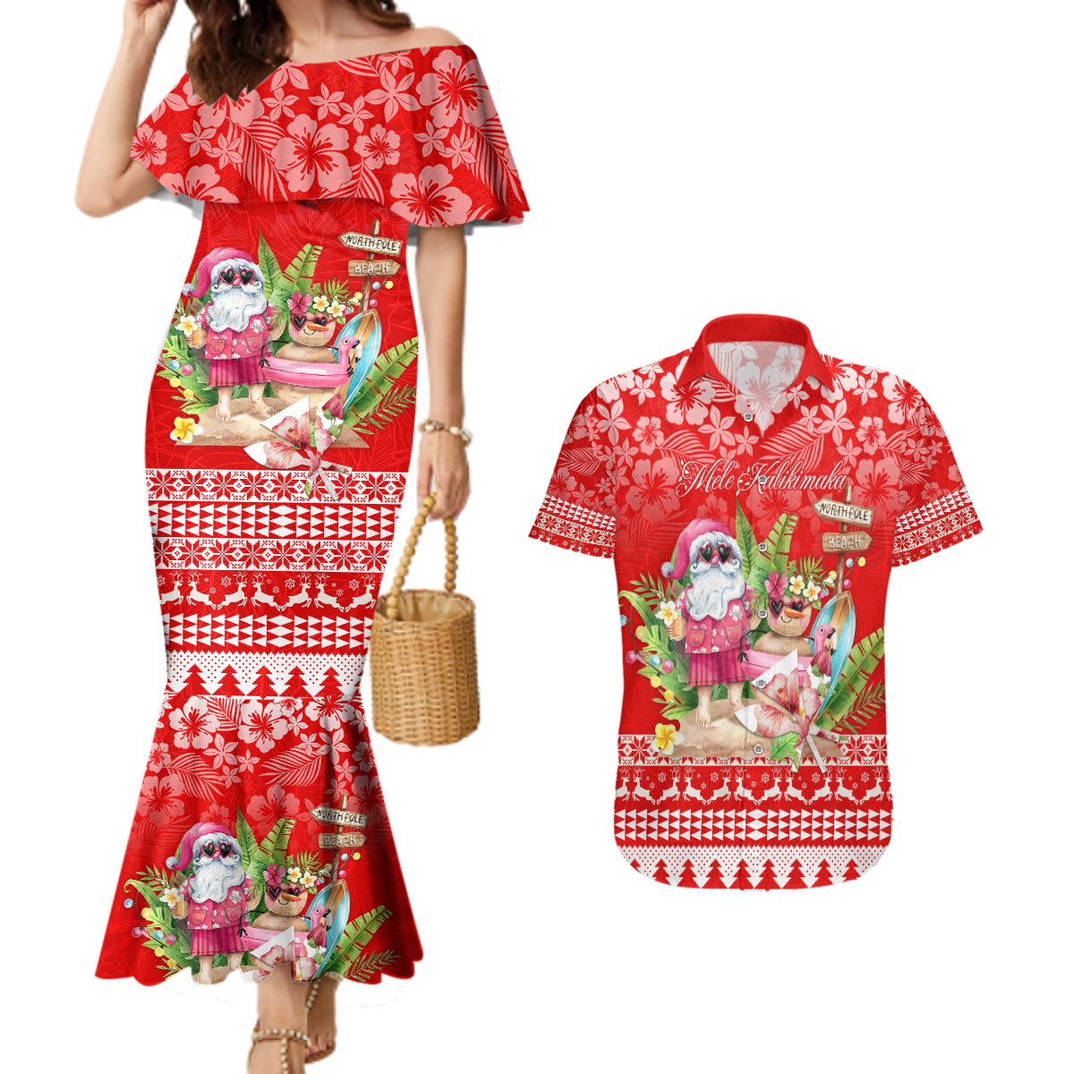 Personalised Hawaii Mele Kalikimaka Couples Matching Mermaid Dress and Hawaiian Shirt Santa Beach Merry Christmas LT9 Red - Polynesian Pride