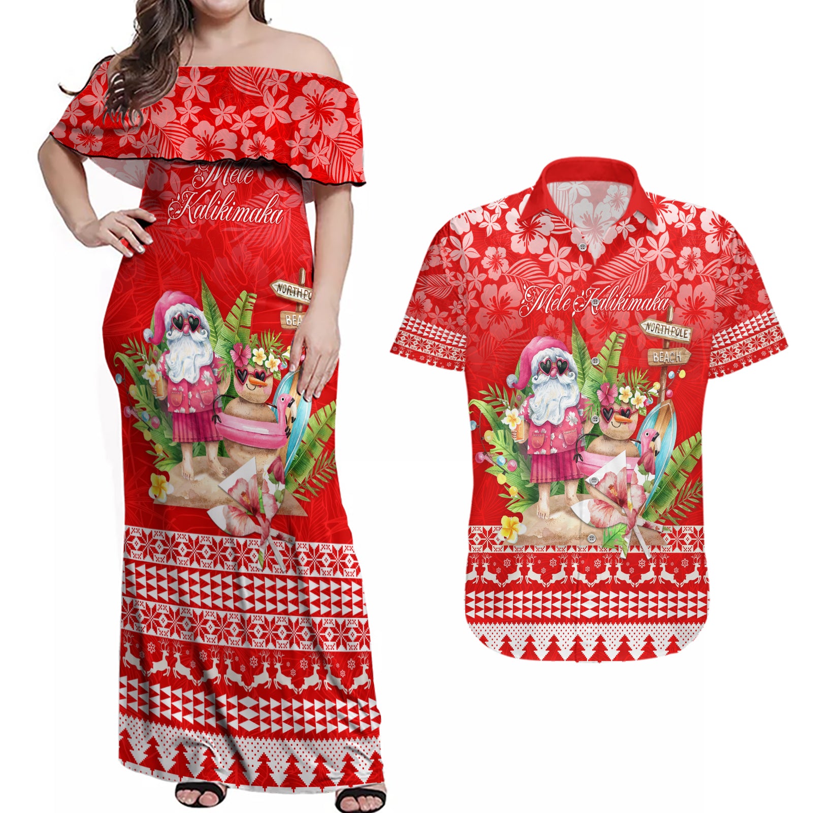 Personalised Hawaii Mele Kalikimaka Couples Matching Off Shoulder Maxi Dress and Hawaiian Shirt Santa Beach Merry Christmas LT9 Red - Polynesian Pride