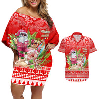 Personalised Hawaii Mele Kalikimaka Couples Matching Off Shoulder Short Dress and Hawaiian Shirt Santa Beach Merry Christmas LT9 Red - Polynesian Pride