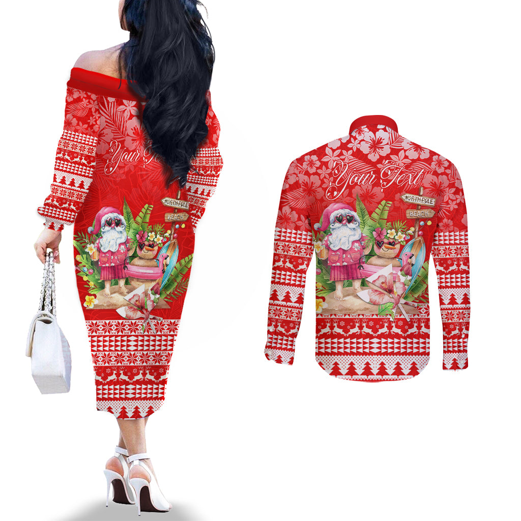 Personalised Hawaii Mele Kalikimaka Couples Matching Off The Shoulder Long Sleeve Dress and Long Sleeve Button Shirt Santa Beach Merry Christmas LT9 - Polynesian Pride