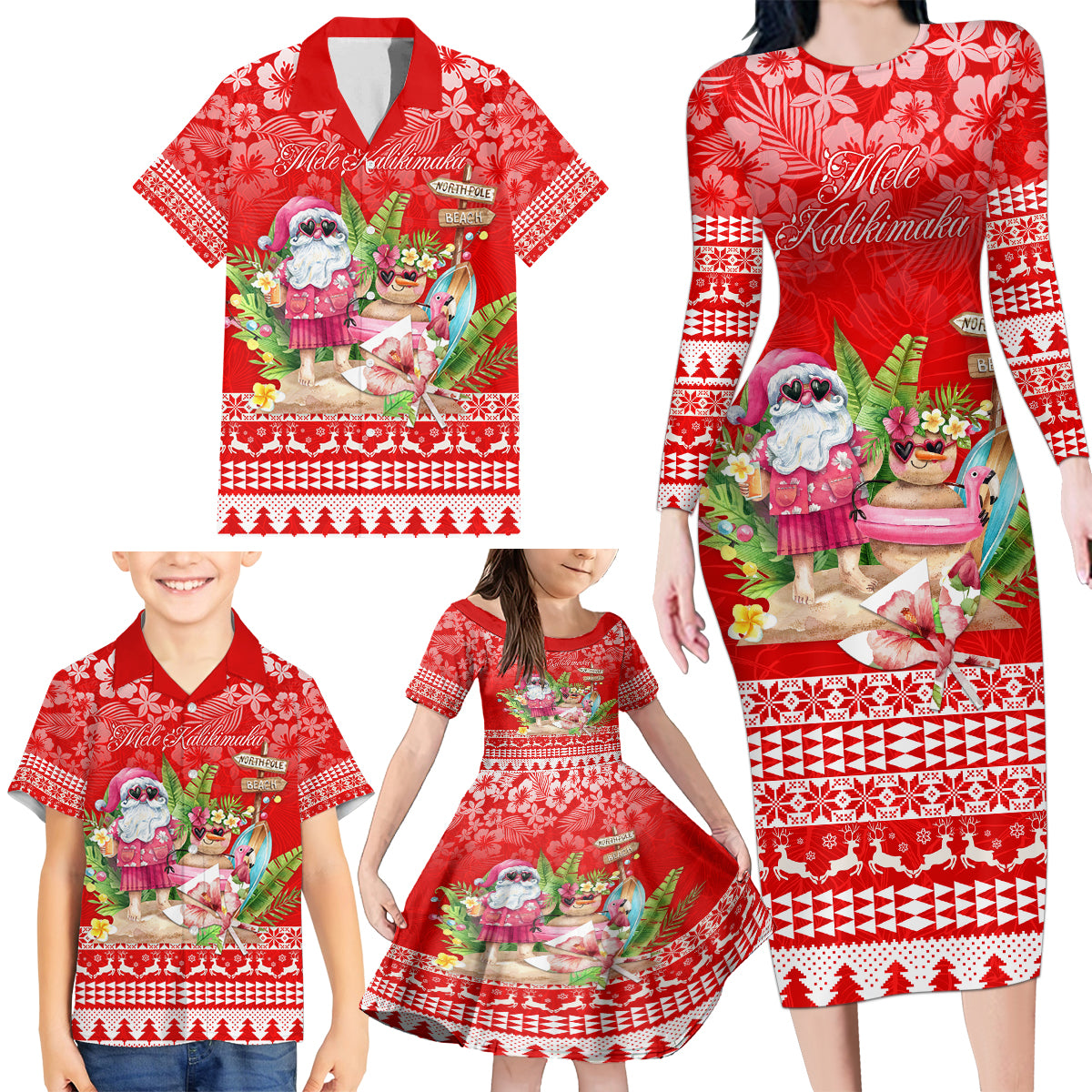 Personalised Hawaii Mele Kalikimaka Family Matching Long Sleeve Bodycon Dress and Hawaiian Shirt Santa Beach Merry Christmas LT9 - Polynesian Pride