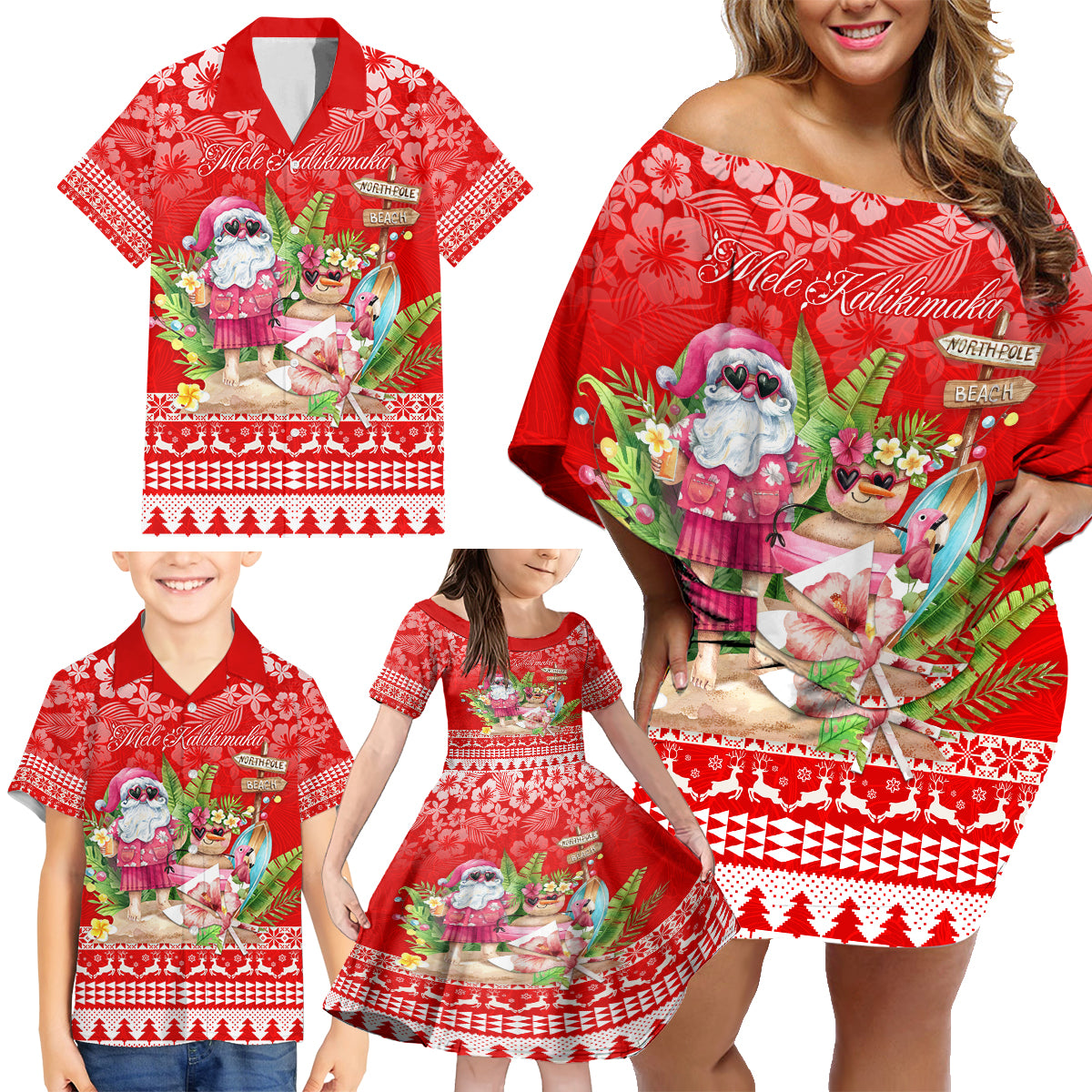 Personalised Hawaii Mele Kalikimaka Family Matching Off Shoulder Short Dress and Hawaiian Shirt Santa Beach Merry Christmas LT9 - Polynesian Pride