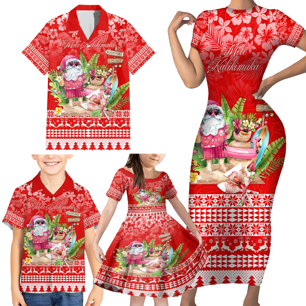 Personalised Hawaii Mele Kalikimaka Family Matching Short Sleeve Bodycon Dress and Hawaiian Shirt Santa Beach Merry Christmas LT9 - Polynesian Pride