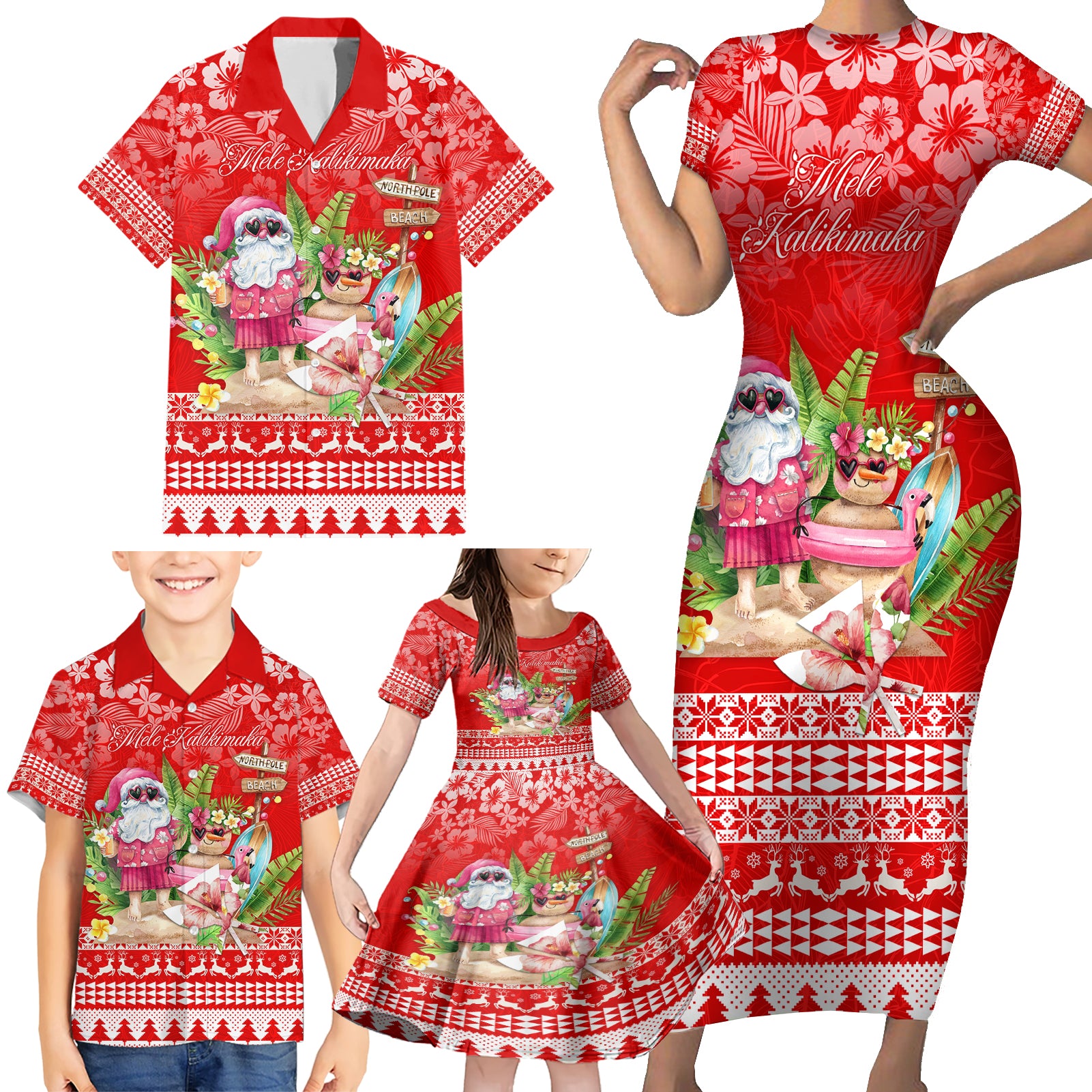 Personalised Hawaii Mele Kalikimaka Family Matching Short Sleeve Bodycon Dress and Hawaiian Shirt Santa Beach Merry Christmas LT9 - Polynesian Pride