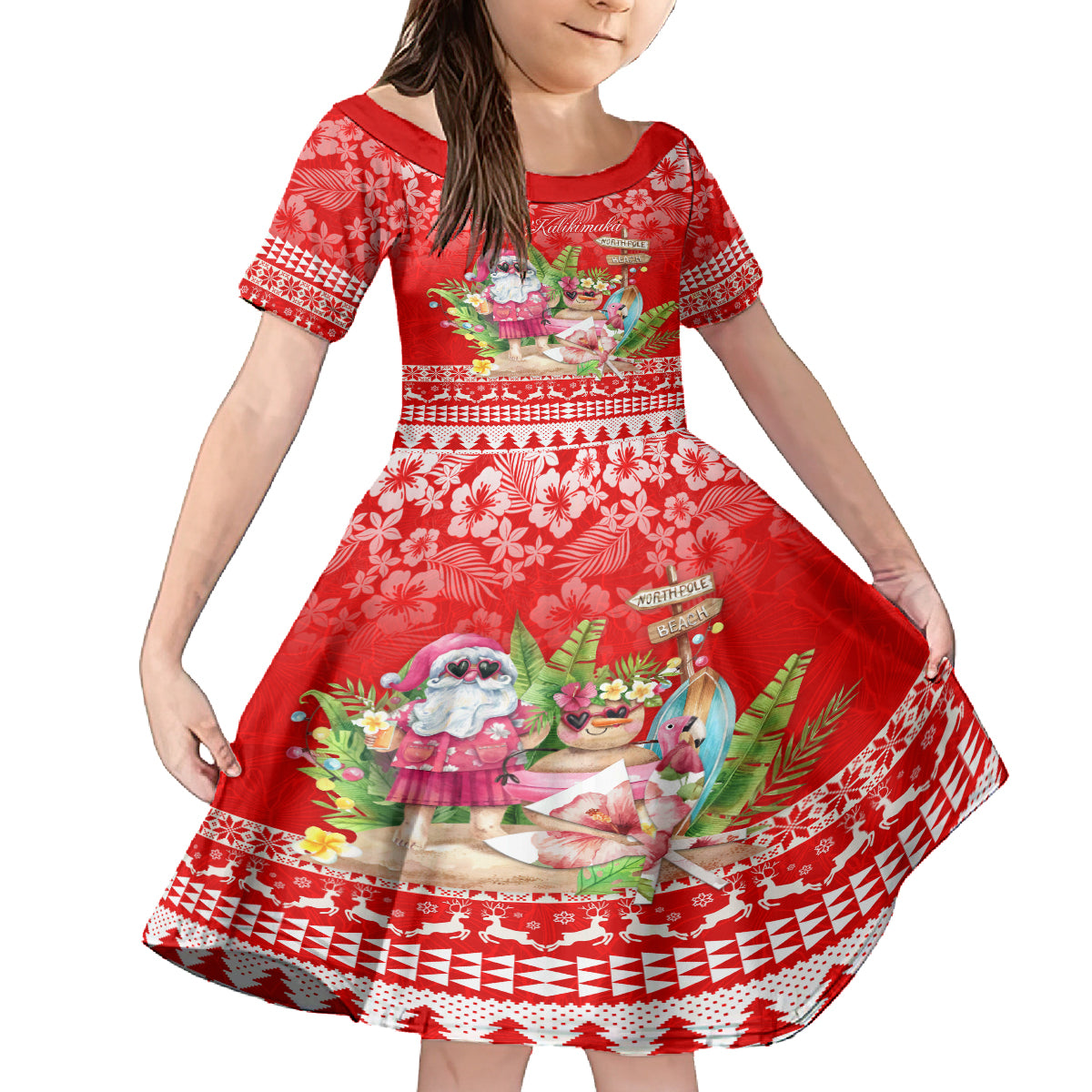 Personalised Hawaii Mele Kalikimaka Family Matching Tank Maxi Dress and Hawaiian Shirt Santa Beach Merry Christmas LT9 Daughter's Dress Red - Polynesian Pride