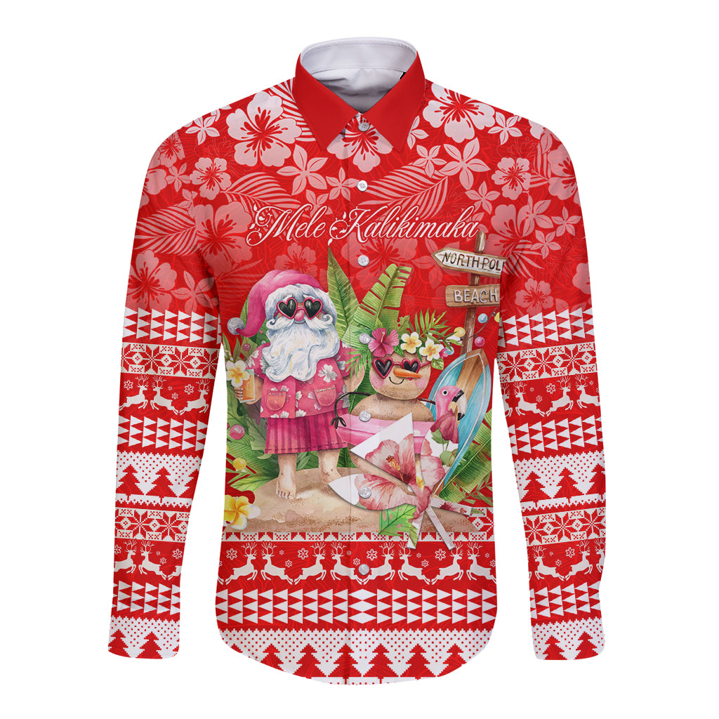 Personalised Hawaii Mele Kalikimaka Long Sleeve Button Shirt Santa Beach Merry Christmas LT9 Unisex Red - Polynesian Pride