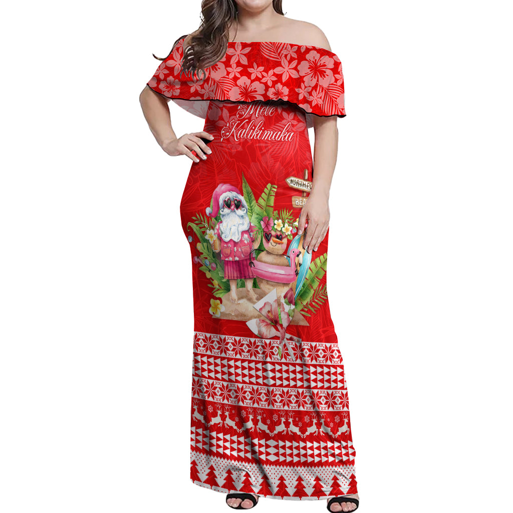 Personalised Hawaii Mele Kalikimaka Off Shoulder Maxi Dress Santa Beach Merry Christmas LT9 Women Red - Polynesian Pride