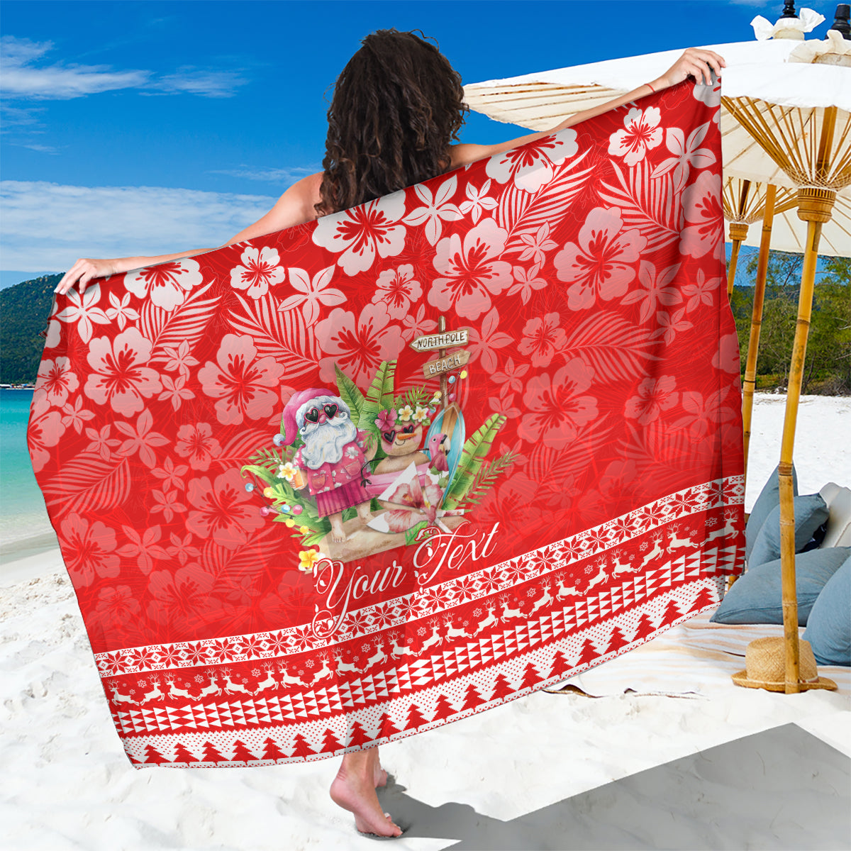 Personalised Hawaii Mele Kalikimaka Sarong Santa Beach Merry Christmas LT9 One Size 44 x 66 inches Red - Polynesian Pride