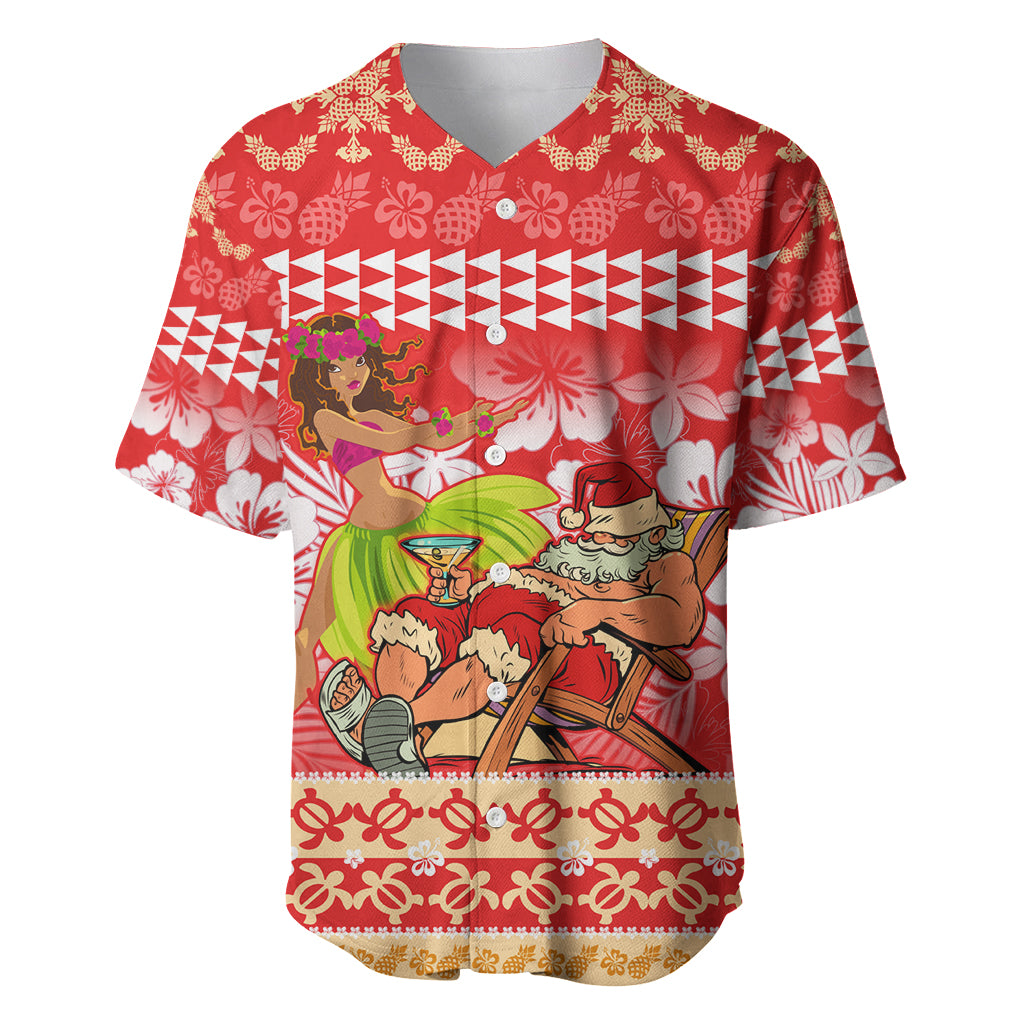 Hawaii Mele Kalikimaka Baseball Jersey Santa Claus and Hula Dancing Merry Christmas LT9 Red - Polynesian Pride