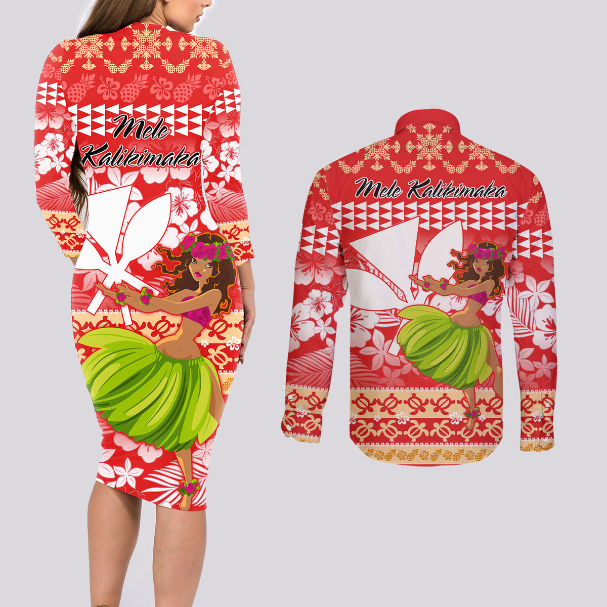 Hawaii Mele Kalikimaka Couples Matching Long Sleeve Bodycon Dress and Long Sleeve Button Shirt Santa Claus and Hula Dancing Merry Christmas LT9 - Polynesian Pride