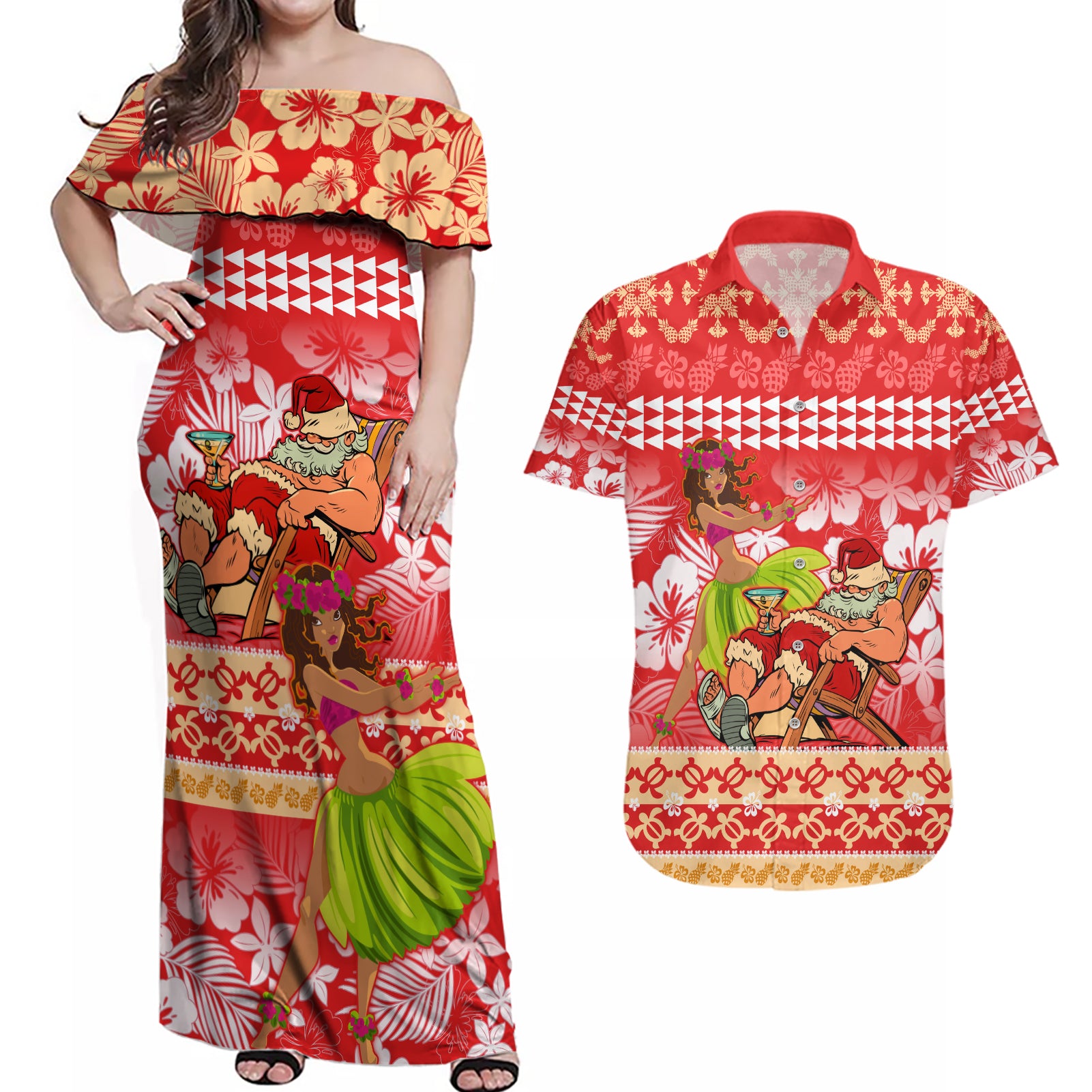 Hawaii Mele Kalikimaka Couples Matching Off Shoulder Maxi Dress and Hawaiian Shirt Santa Claus and Hula Dancing Merry Christmas LT9 Red - Polynesian Pride