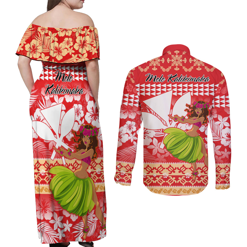 Hawaii Mele Kalikimaka Couples Matching Off Shoulder Maxi Dress and Long Sleeve Button Shirt Santa Claus and Hula Dancing Merry Christmas LT9 - Polynesian Pride