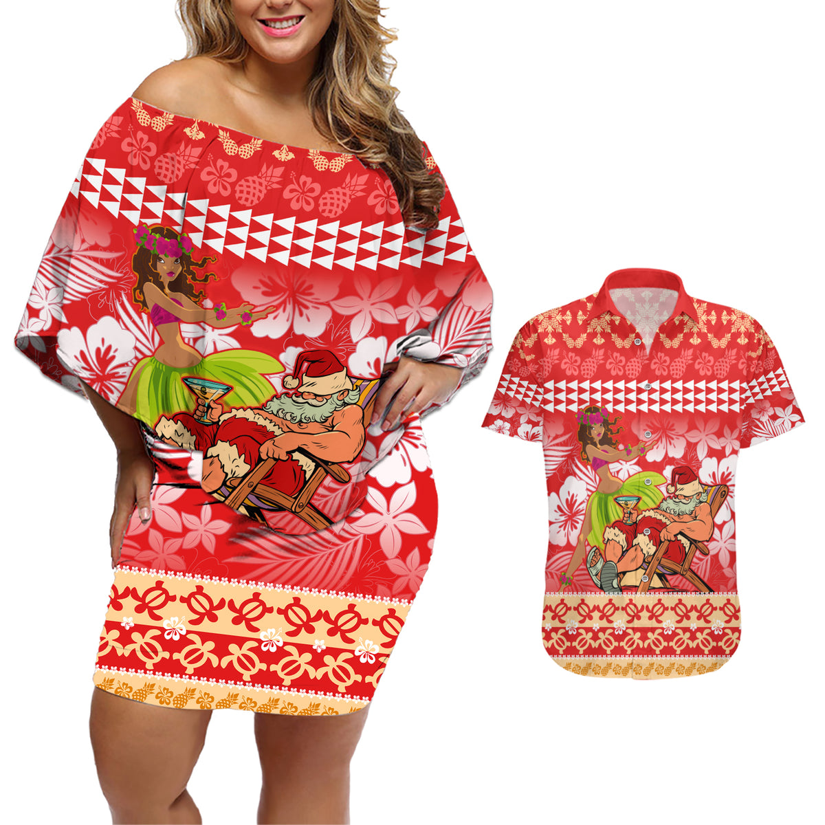 Hawaii Mele Kalikimaka Couples Matching Off Shoulder Short Dress and Hawaiian Shirt Santa Claus and Hula Dancing Merry Christmas LT9 Red - Polynesian Pride