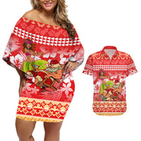 Hawaii Mele Kalikimaka Couples Matching Off Shoulder Short Dress and Hawaiian Shirt Santa Claus and Hula Dancing Merry Christmas LT9 Red - Polynesian Pride
