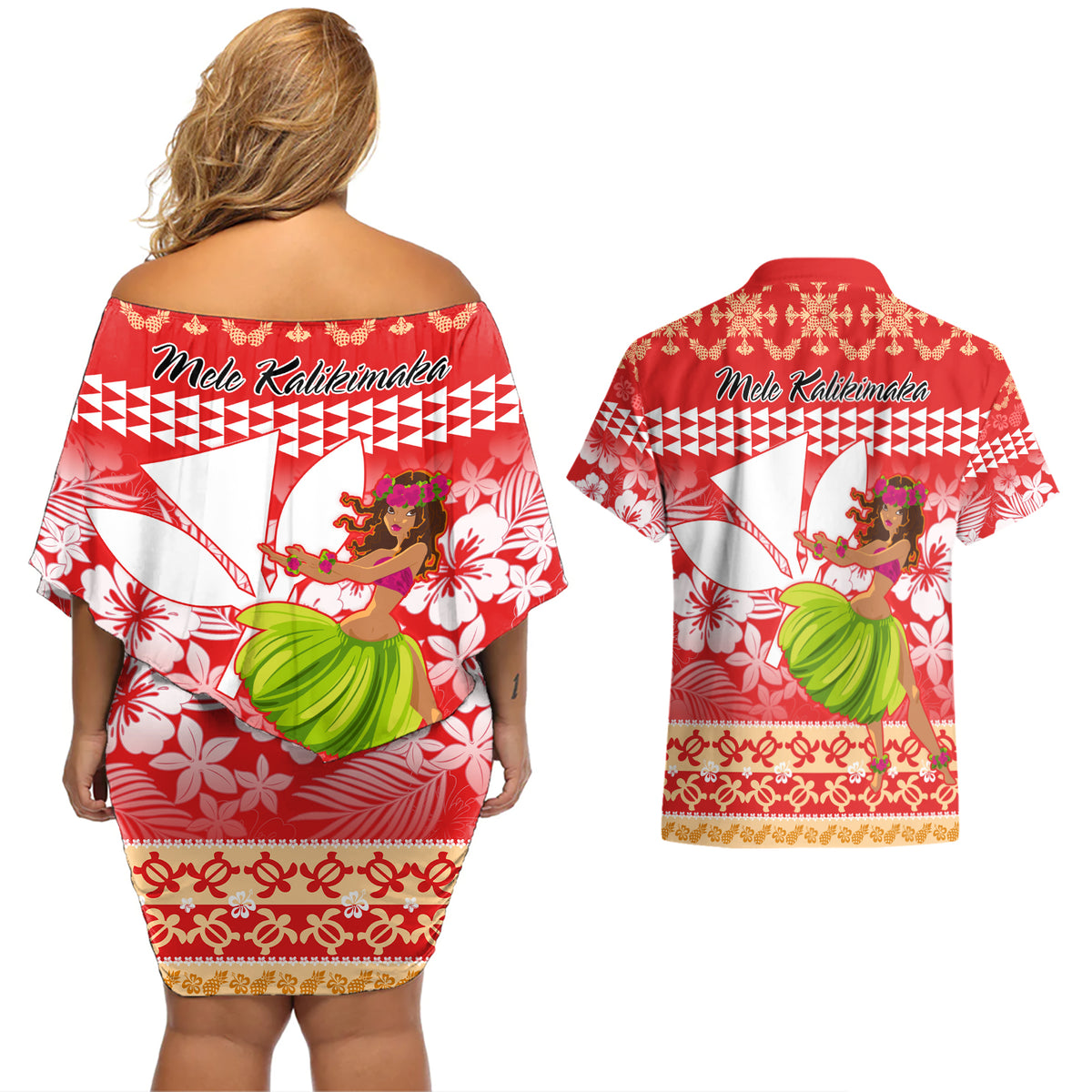 Hawaii Mele Kalikimaka Couples Matching Off Shoulder Short Dress and Hawaiian Shirt Santa Claus and Hula Dancing Merry Christmas LT9 - Polynesian Pride