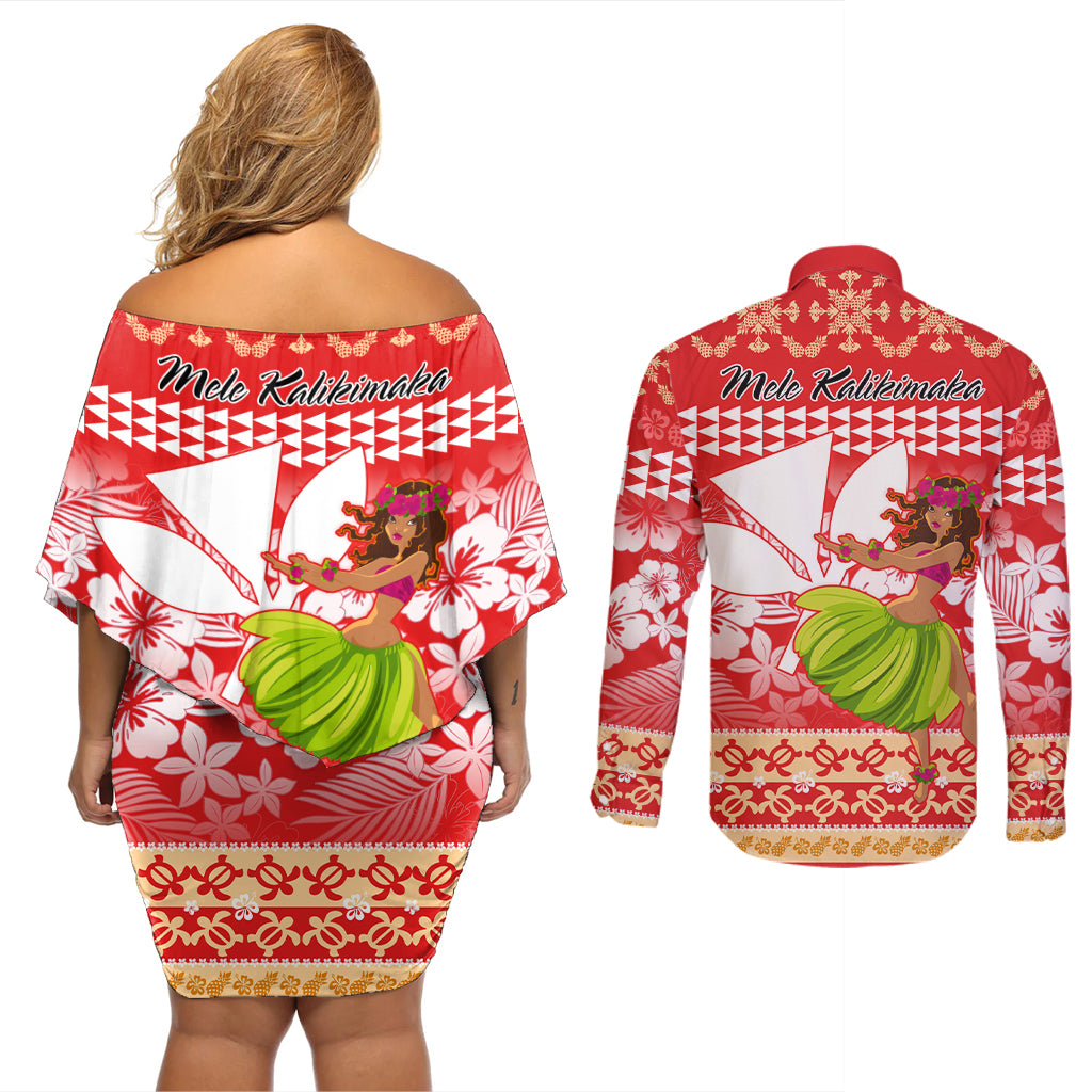 Hawaii Mele Kalikimaka Couples Matching Off Shoulder Short Dress and Long Sleeve Button Shirt Santa Claus and Hula Dancing Merry Christmas LT9 - Polynesian Pride