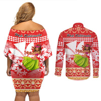 Hawaii Mele Kalikimaka Couples Matching Off Shoulder Short Dress and Long Sleeve Button Shirt Santa Claus and Hula Dancing Merry Christmas LT9 - Polynesian Pride